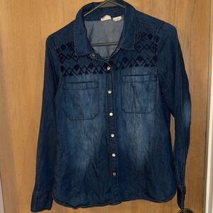 Mudd Denim Button-Up Shirt with Embroidery